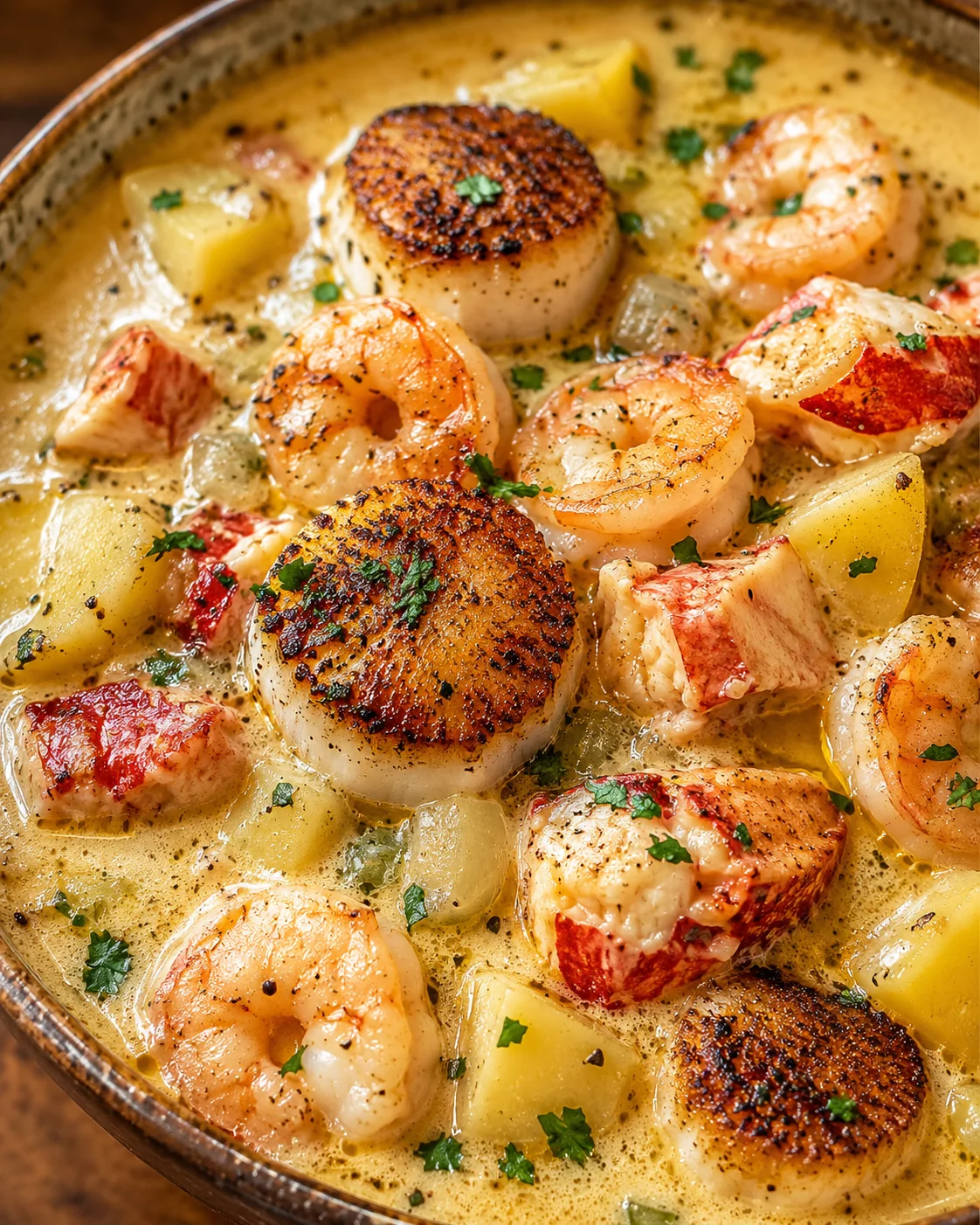 Close-up of a rich seafood chowder with lobster, scallops, and shrimp in a bowl.