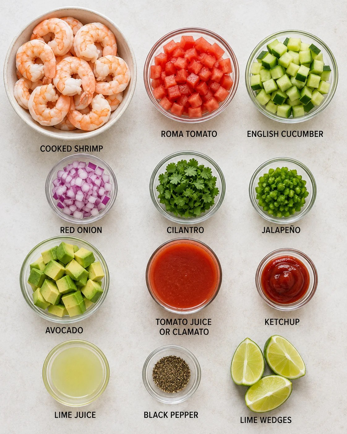 Colorful shrimp cocktail ingredients in glass bowls with lime wedges