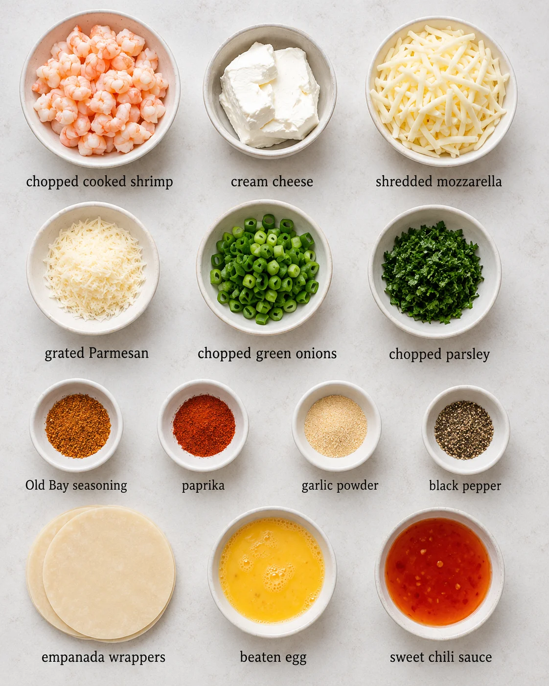 Bowl of cooked shrimp, cheeses, herbs, and spices for filling puffs.