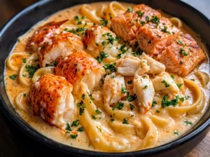 Creamy Cajun seafood Alfredo with lobster, crab, and salmon in a black bowl