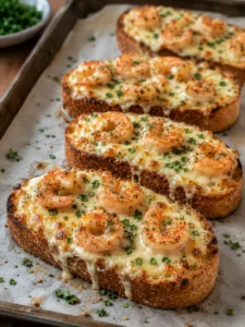 Baked baguette slices topped with shrimp, cheese, and herbs ready to serve.