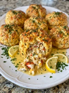 Golden crab stuffed biscuits topped with citrus butter and herbs, ready to serve.