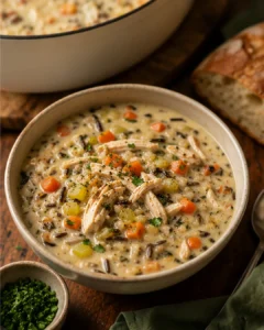 A bowl of creamy chicken and wild rice soup with vegetables and shredded chicken garnished
