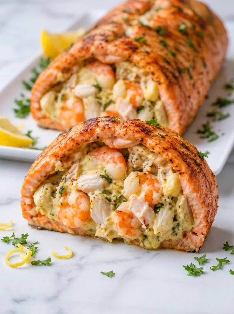 Oven-baked salmon fillet filled with crab and shrimp mixture, garnished with parsley.