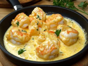 Delicious creamy garlic butter shrimp served in a skillet with parsley garnish.