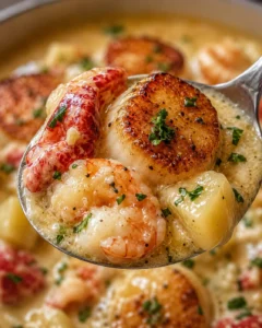 Creamy seafood chowder with lobster, scallops, and shrimp garnished with herbs.