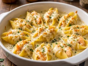 Baked pasta shells filled with seafood and cheese in a creamy garlic sauce.