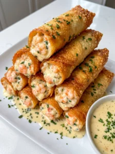 Golden, crispy egg roll with creamy shrimp filling and a side dipping sauce