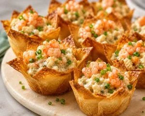 Delicious crispy wonton cups filled with shrimp salad and garnished with green onion.