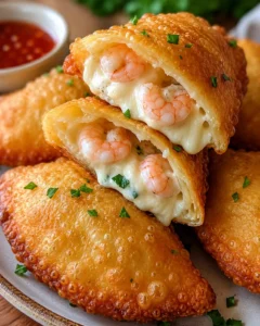 Golden, crispy shrimp-filled empanada-style puffs on a serving plate