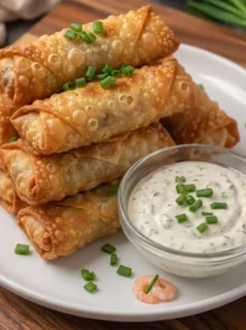 Golden, crispy egg rolls filled with seasoned shrimp and melted mozzarella cheese.