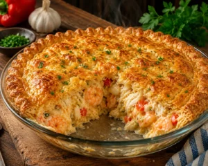 Delicious seafood pie with shrimp, crab, cheese, and flaky crust.