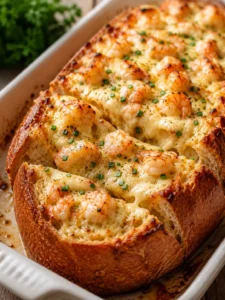 Baked shrimp garlic bread filled with cheese, topped with herbs and bubbly golden crust.