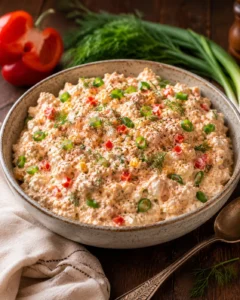 Creamy tuna cottage cheese salad with fresh vegetables and herbs, served in a bowl.