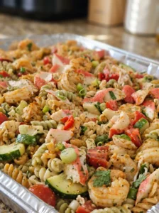 Colorful seafood pasta salad with shrimp, crab, vegetables, and dressing, served in a pan.