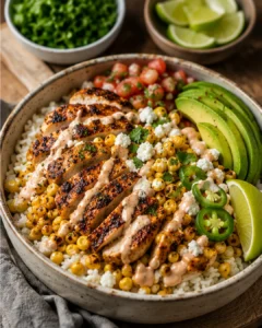 Colorful rice bowl topped with grilled chicken, corn, sliced avocado, and fresh toppings.