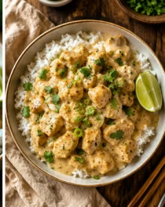 Creamy coconut chicken served over rice with lime and fresh herbs