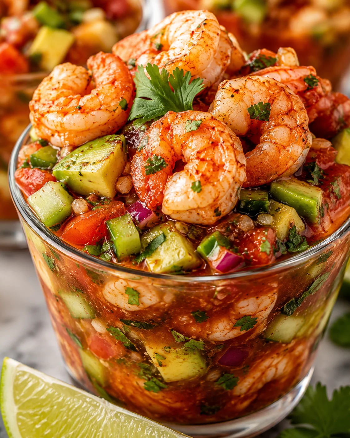 Close-up of shrimp cocktail in a glass with fresh vegetables and herbs
