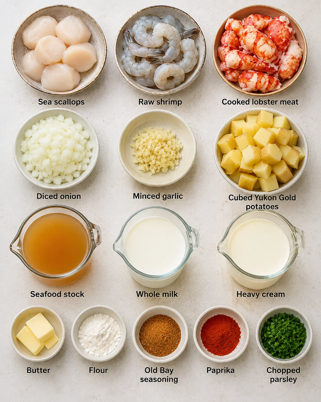 Assorted seafood ingredients for creamy lobster, scallop, and shrimp chowder displayed in bowls