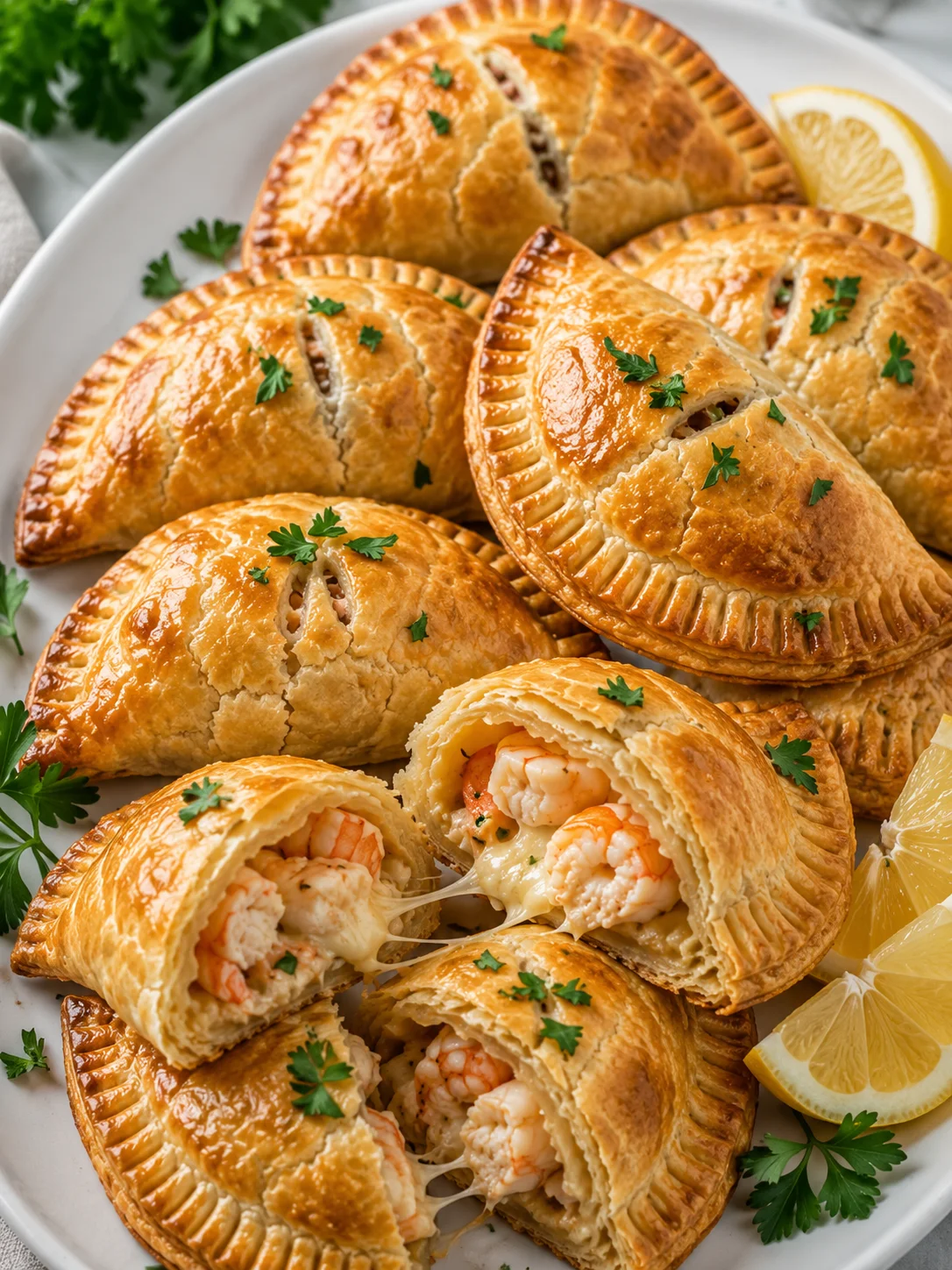 Golden, flaky seafood hand pies filled with crab and shrimp, served with lemon slices.