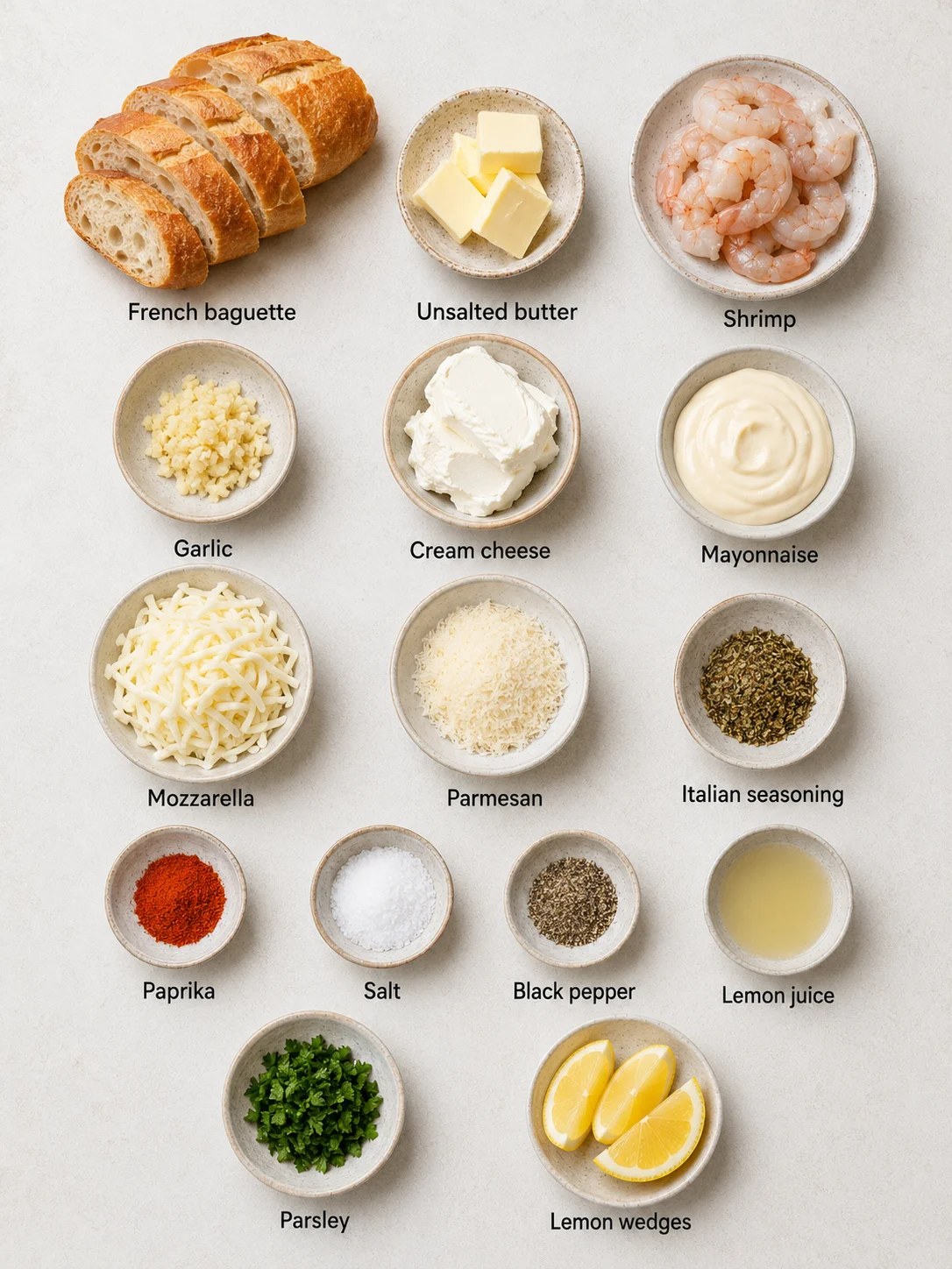 Ingredients including baguette, shrimp, cheeses, and seasonings for shrimp toasts