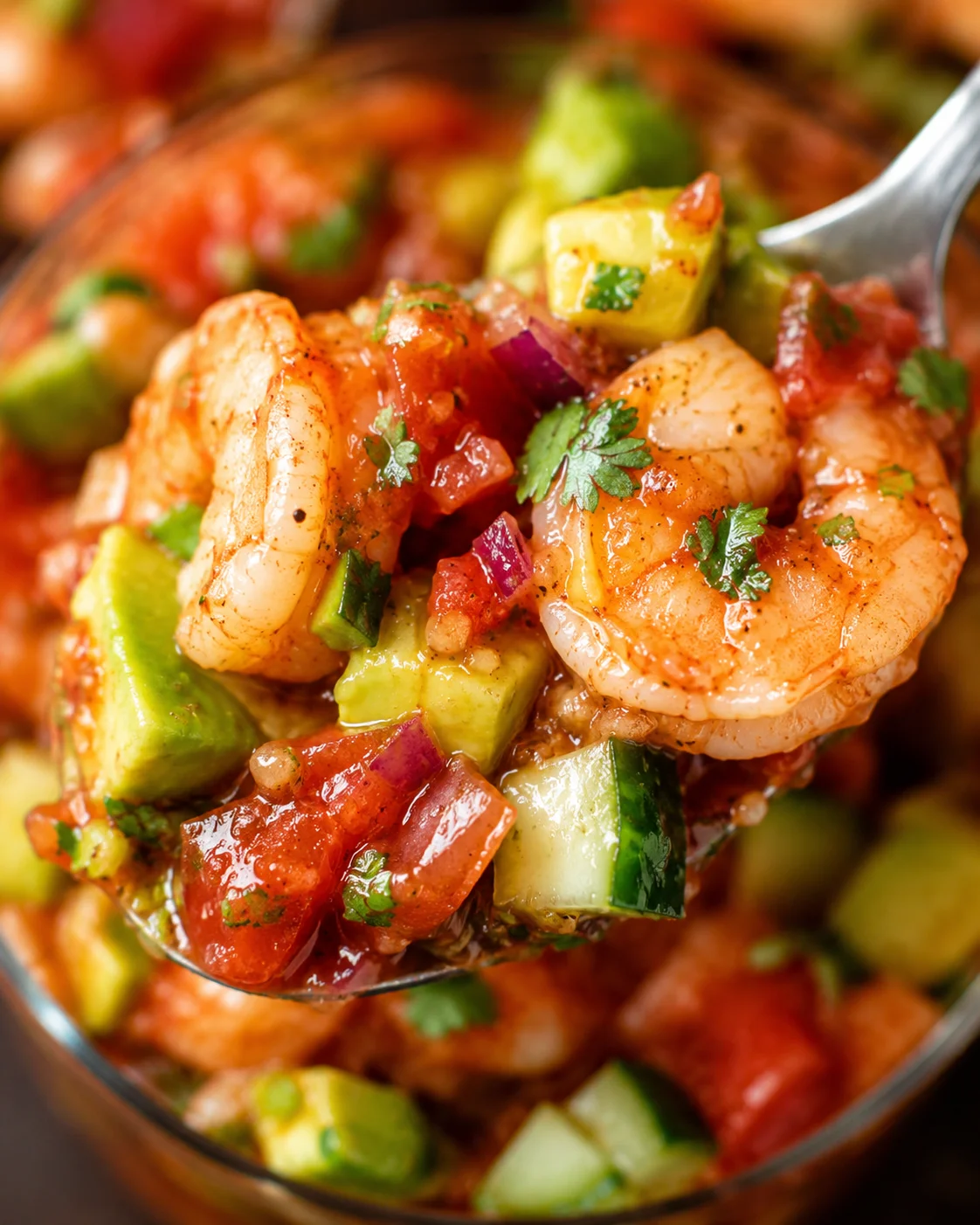Close-up of flavorful Mexican shrimp cocktail served in individual cups with avocado and cucumber.