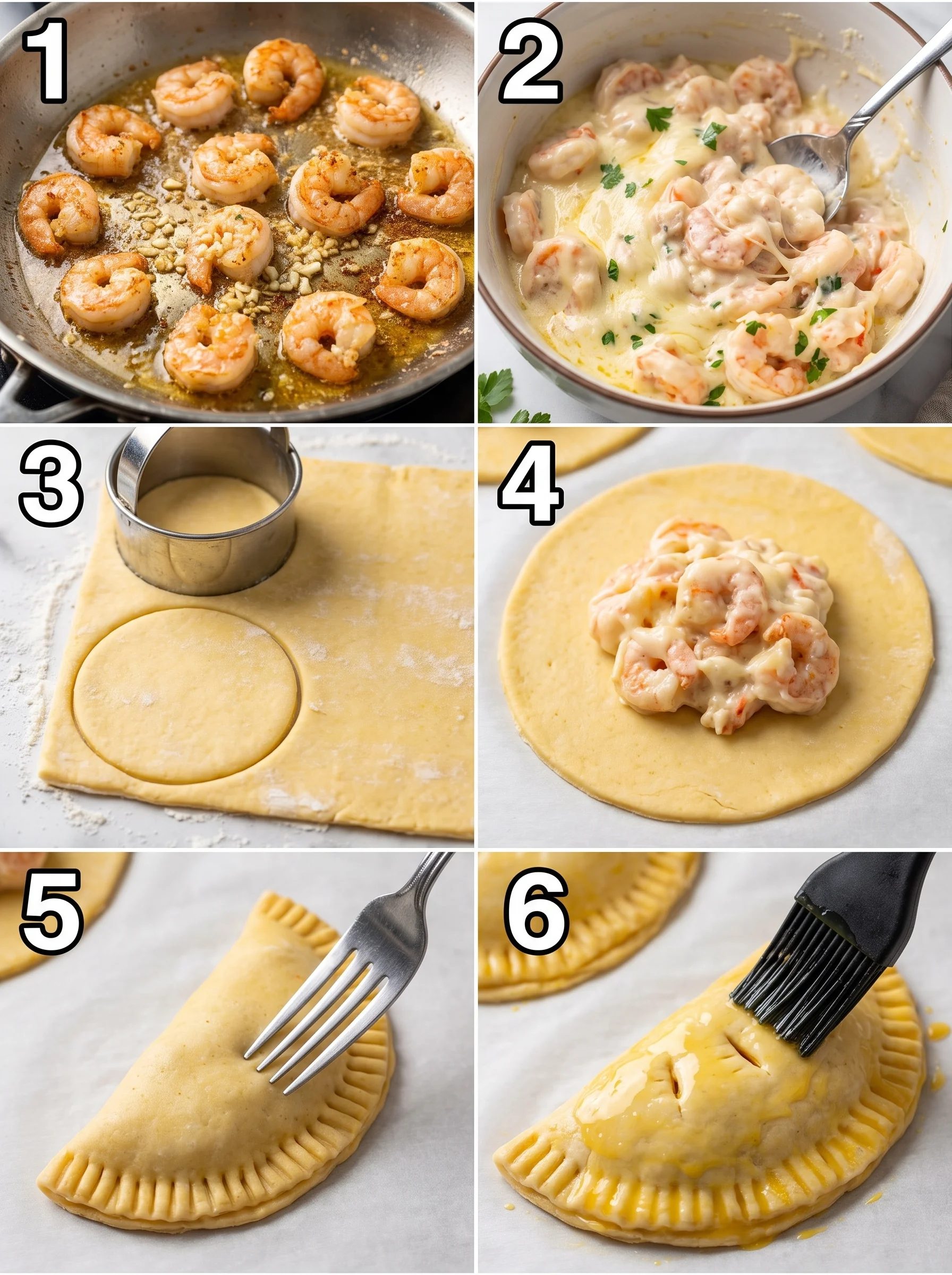 Step-by-step images showing shrimp searing, filling pastry, and assembling hand pies.