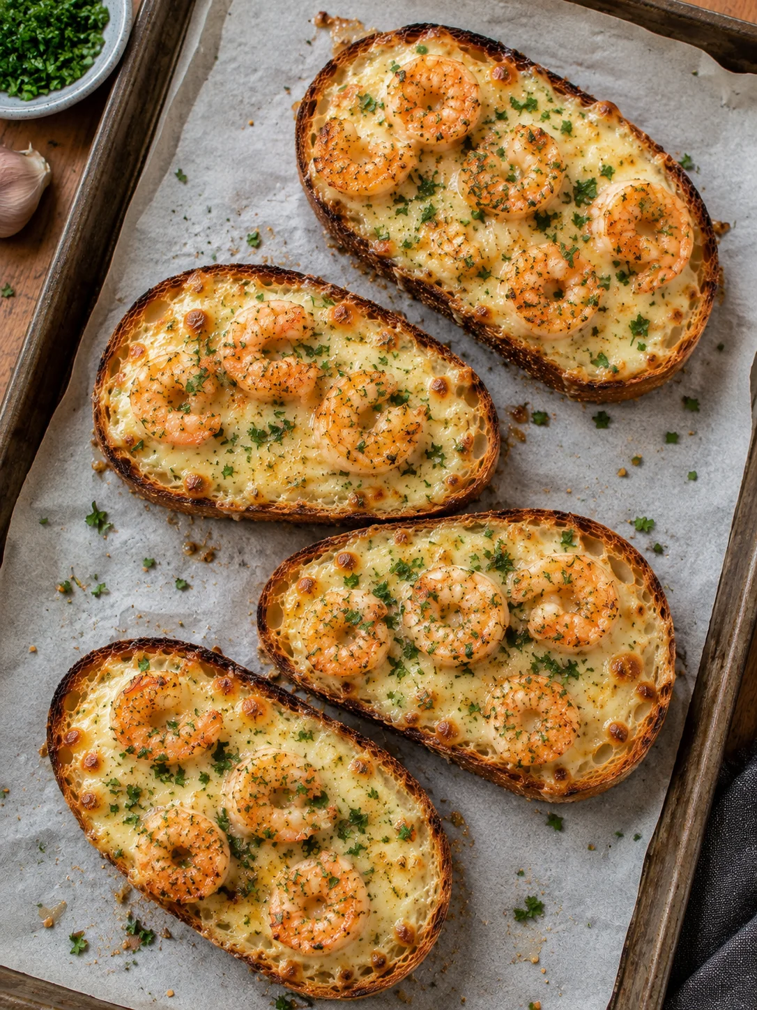 Baked baguette slices topped with shrimp, cheese, and herbs, ready to serve.