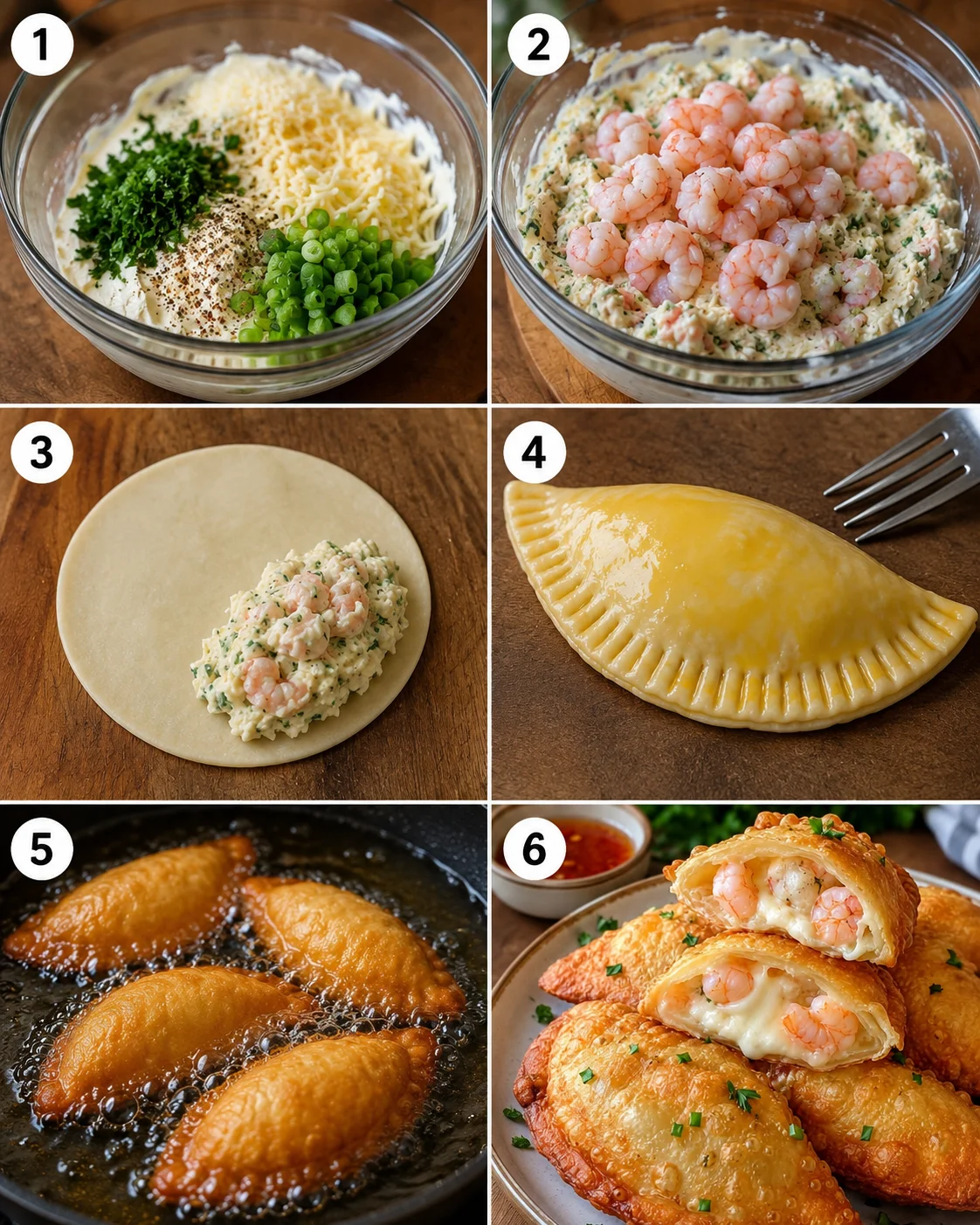 Golden fried shrimp-filled empanada puffs with dipping sauces on a plate.
