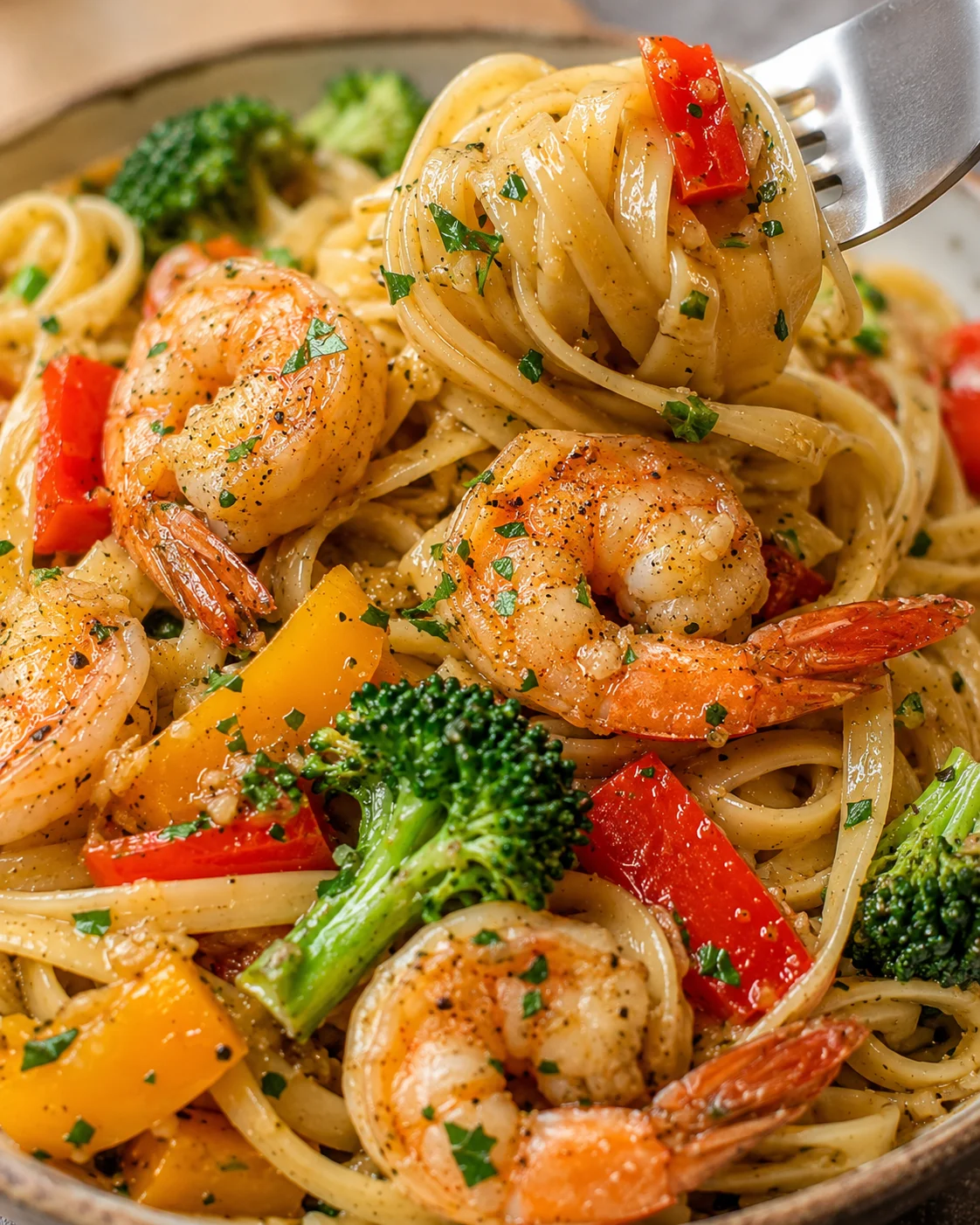 Close-up of shrimp and pasta with colorful bell peppers and broccoli