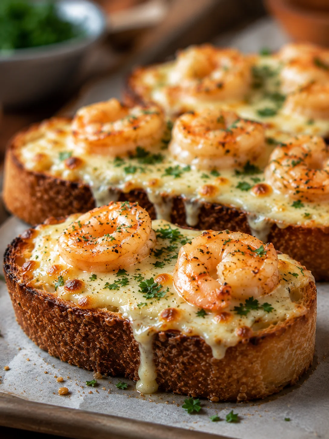 Delicious cheesy garlic shrimp toasts served on toasted baguette slices.