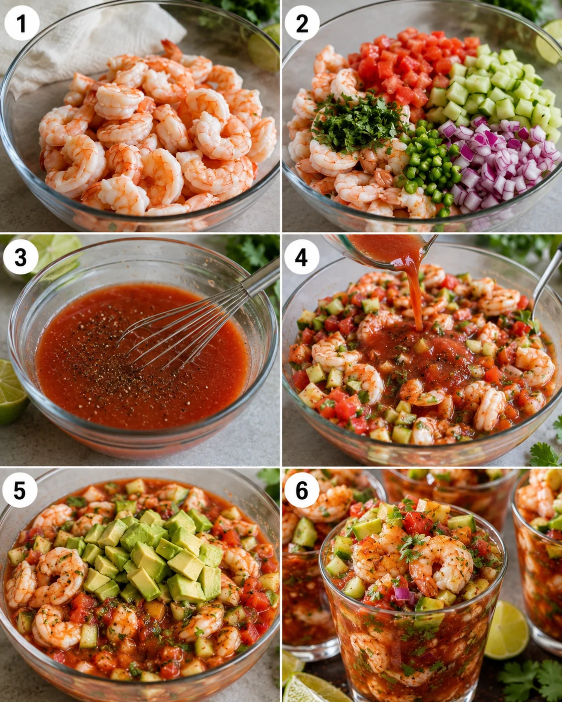 Delicious Mexican shrimp cocktail served in individual cups with avocado and cucumber.