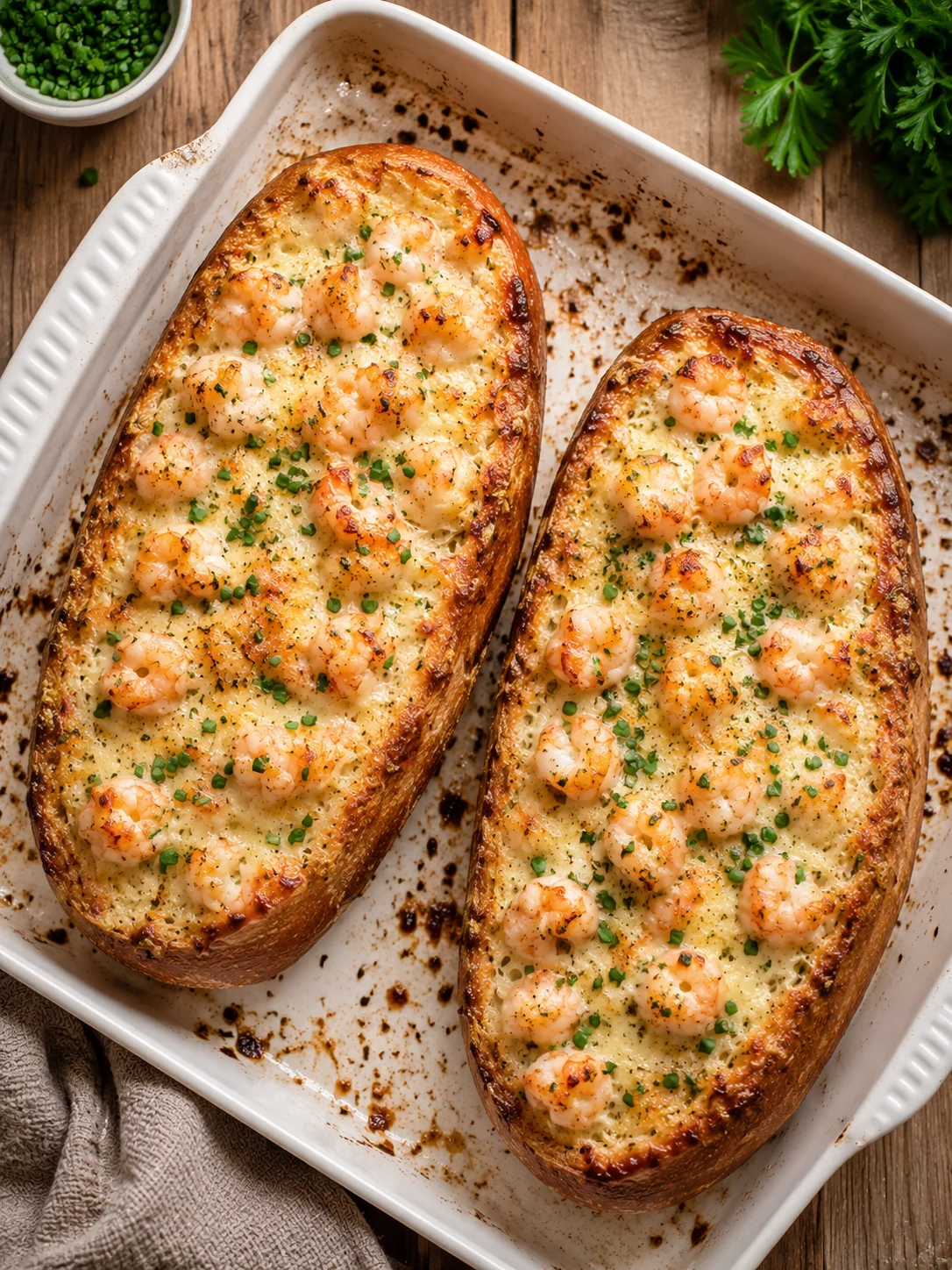 Fresh garlic bread topped with shrimp, cheese, and herbs, baked to golden perfection.