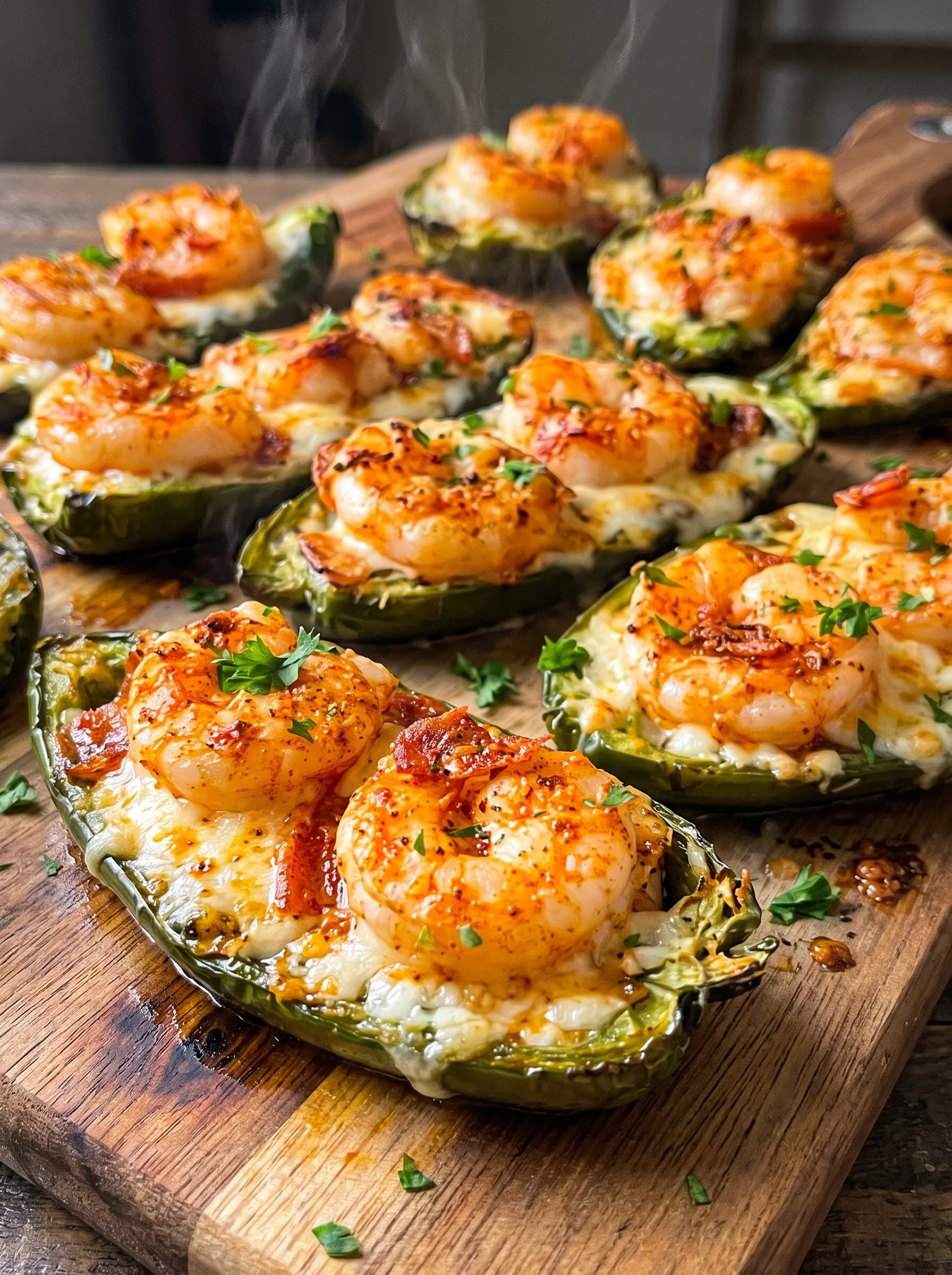 Delicious baked jalapeños filled with spicy shrimp and cheesy topping.