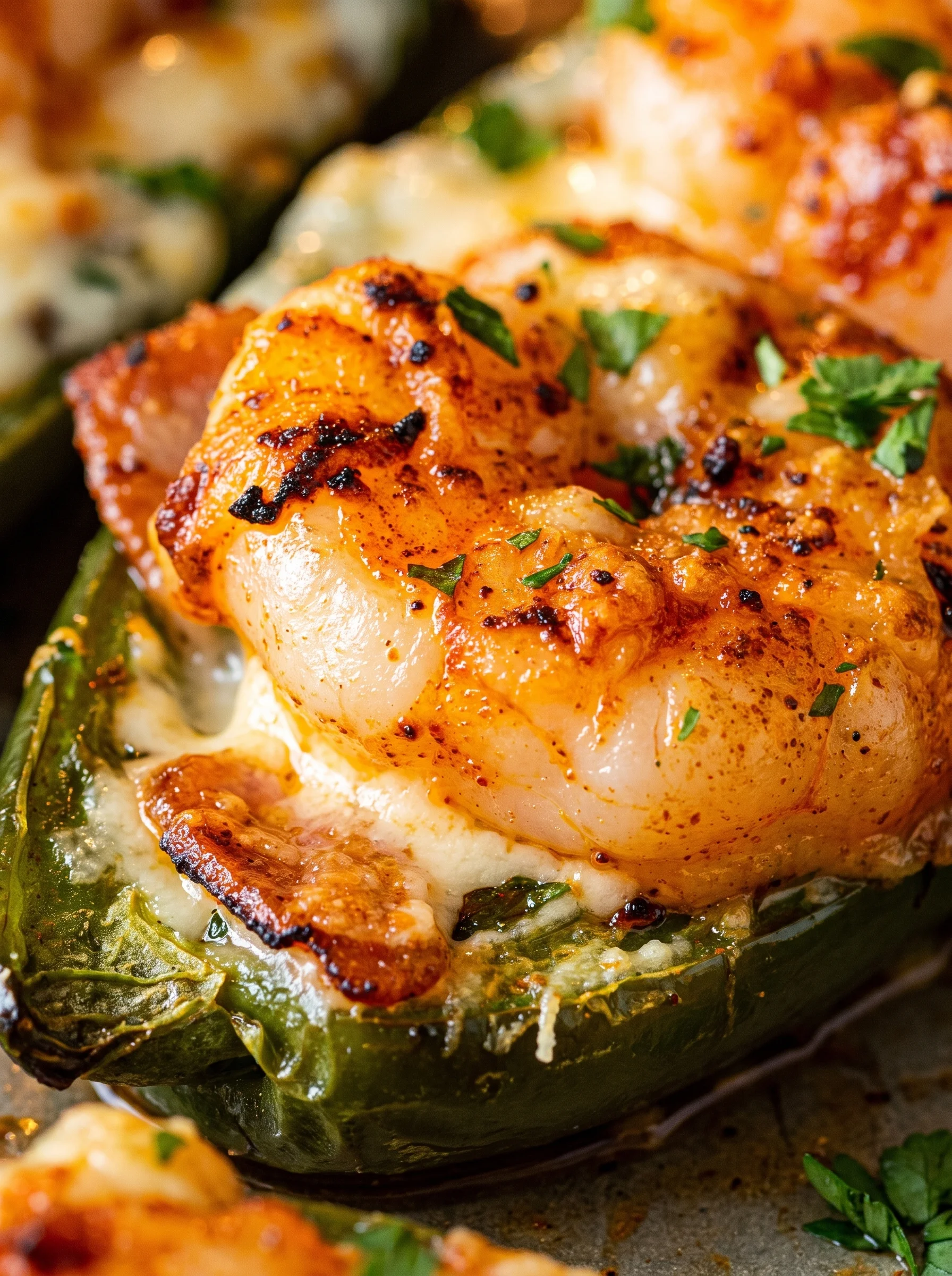 Close-up of spicy Cajun shrimp stuffed jalapeños topped with herbs and melted cheese.