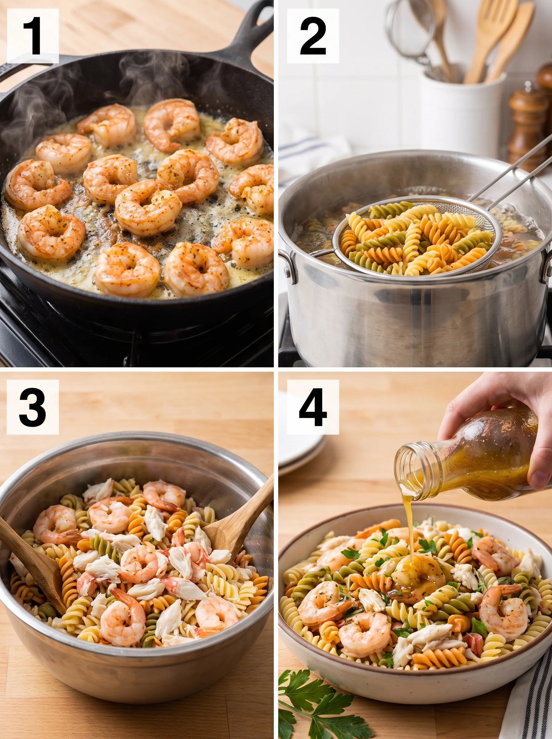Steps showing shrimp searing, pasta cooking, mixing seafood, and dressing pour in salad
