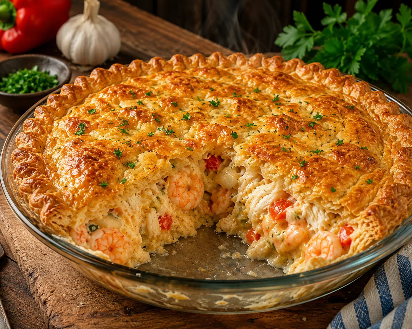 Delicious seafood pie with shrimp, crab, cheese, and flaky crust.