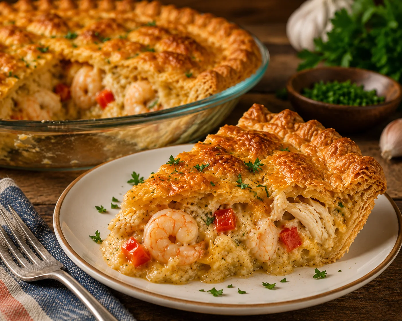 Florida-Style Shrimp and Crab Pie Close-up of a slice of creamy seafood pie with shrimp and crab, garnished with parsley
