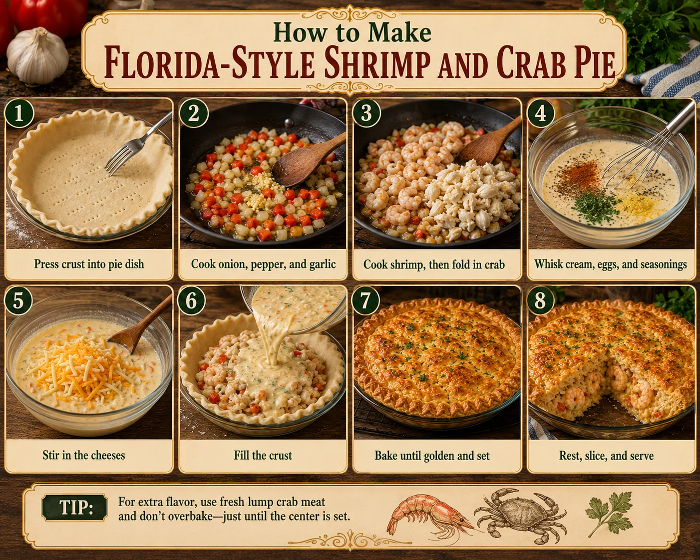 Step-by-step guide to making Florida-style shrimp and crab pie with seafood ingredients.