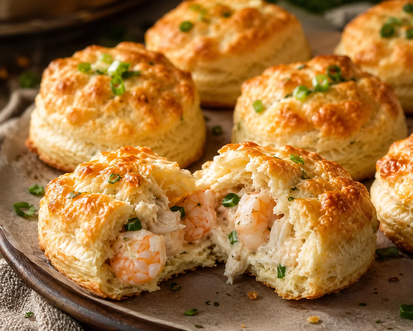Shrimp and Crab Biscuit Melts Delicious shrimp and crab biscuit melts with golden, flaky crust and seafood filling