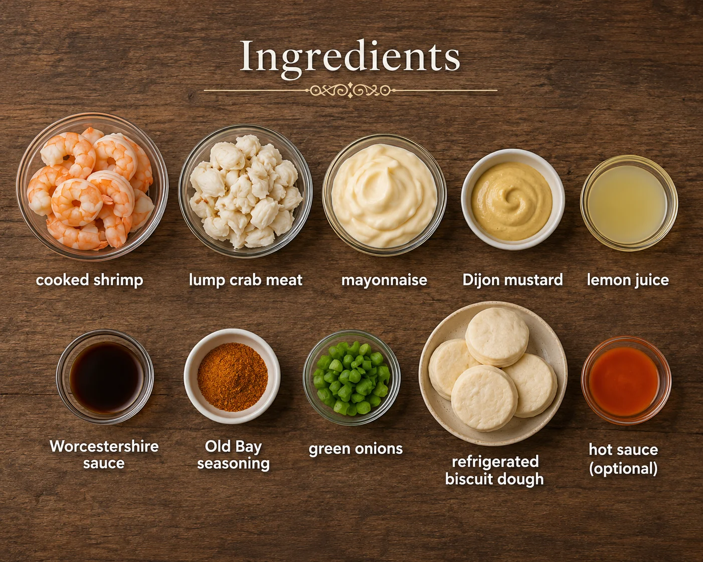 Creamy Shrimp and Crab Biscuit Melts Ingredients display featuring cooked shrimp, lump crab, and seasonings for seafood melts