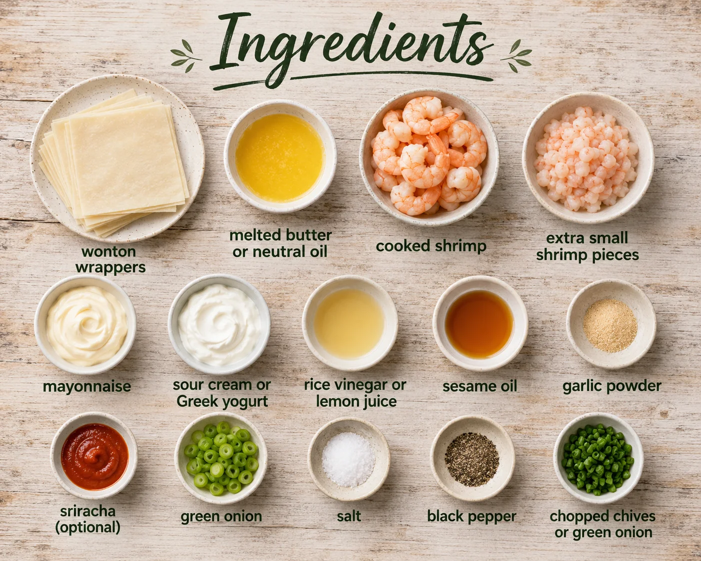 Display of ingredients including wonton wrappers, cooked shrimp, and sauces.