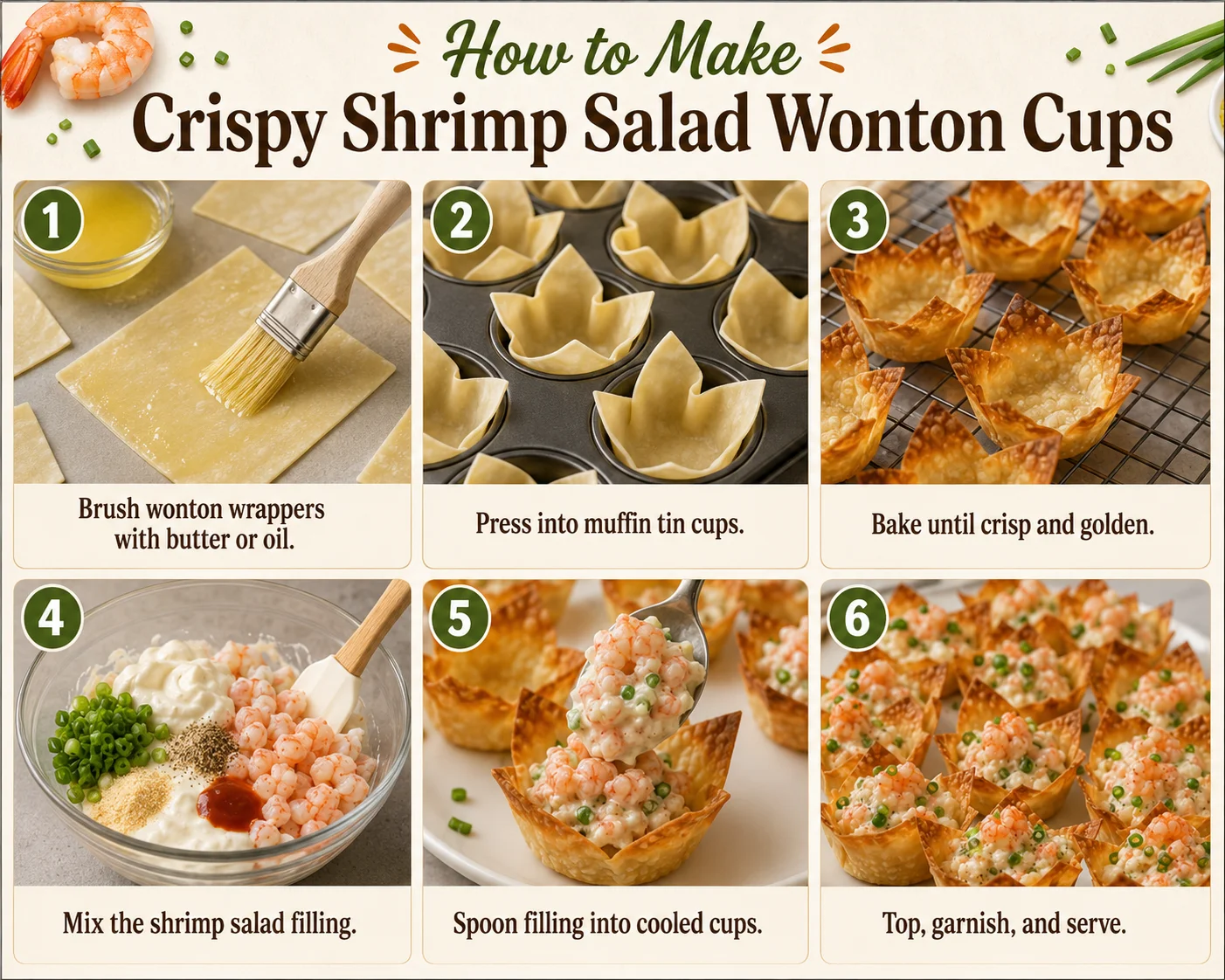 Step-by-step guide to making flavorful crispy shrimp salad wonton cups.