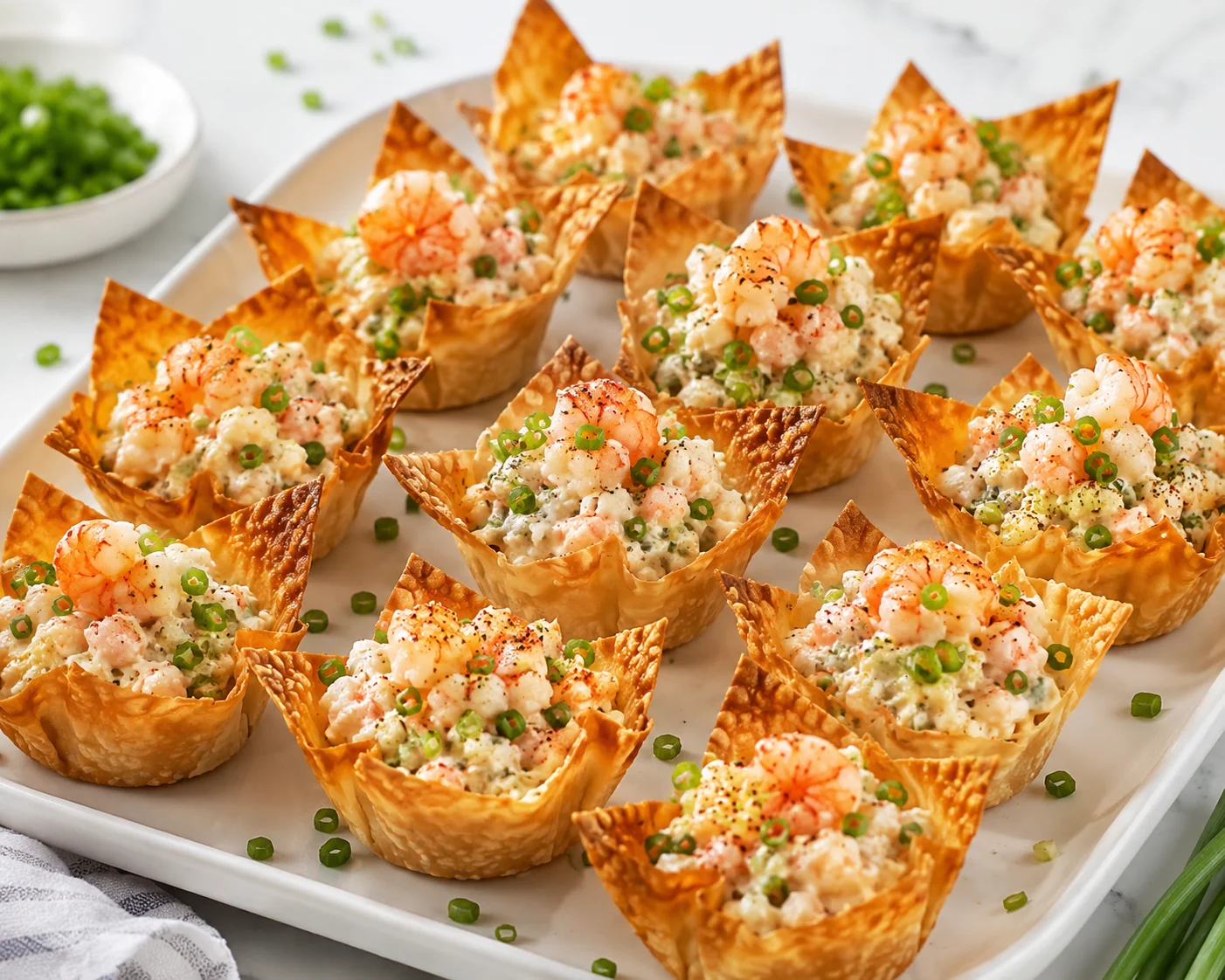 Delicious crispy wonton cups filled with shrimp salad garnished with green onions