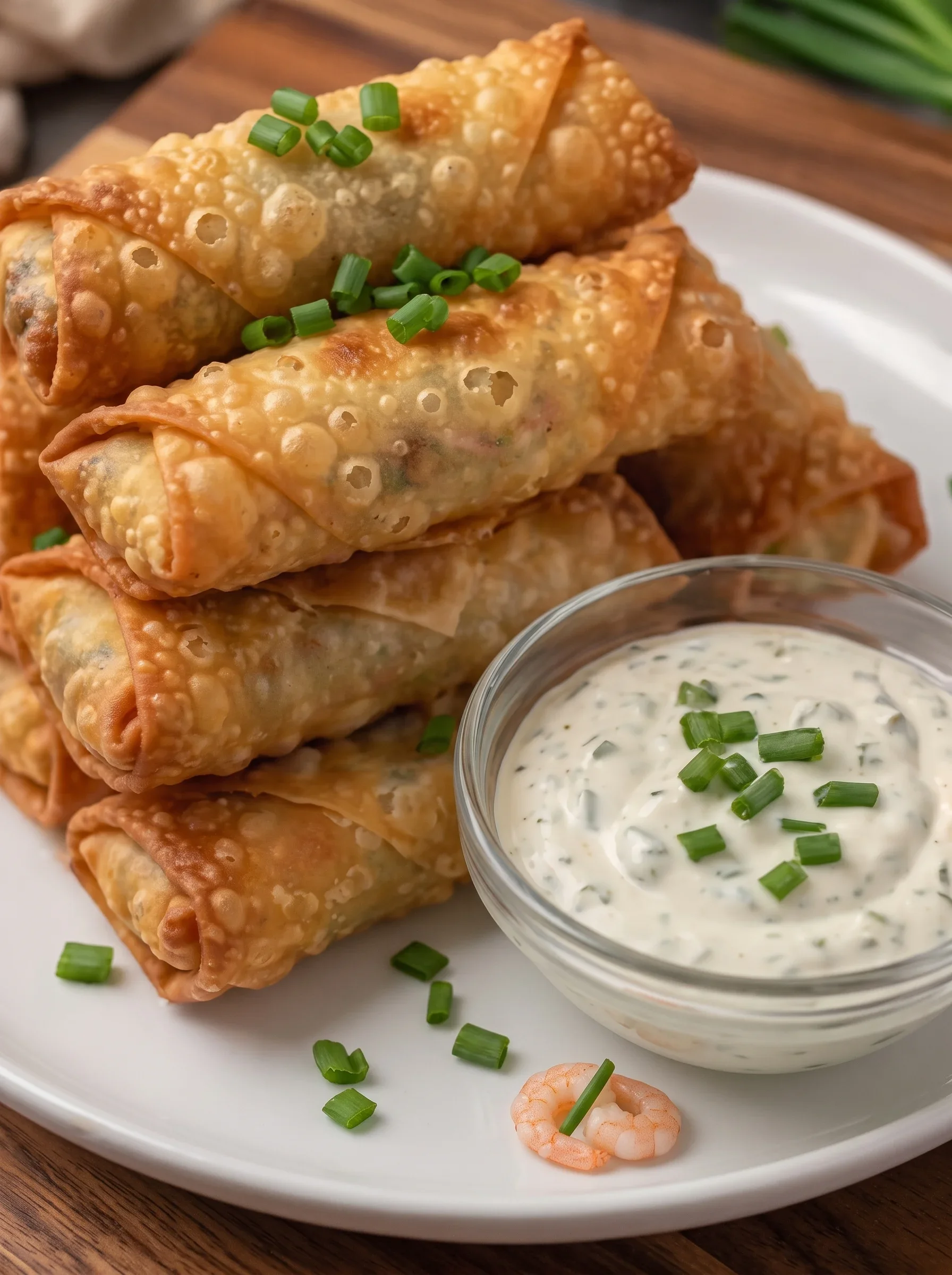 Crunchy Shrimp and Mozzarella Egg Rolls Golden, crispy egg rolls filled with seasoned shrimp and melted mozzarella cheese.