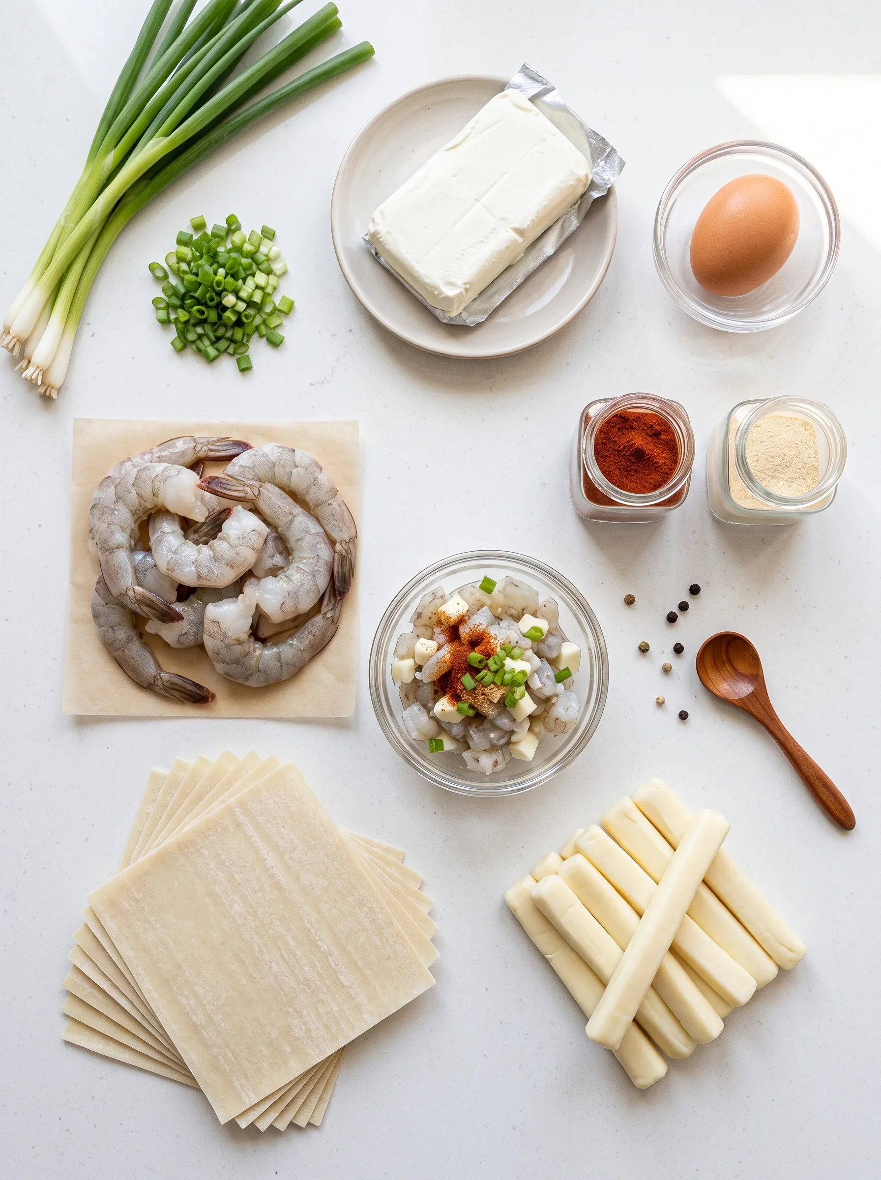 Crunchy Shrimp and Mozzarella Egg Rolls Fresh ingredients for crispy shrimp and mozzarella egg rolls on a white surface.