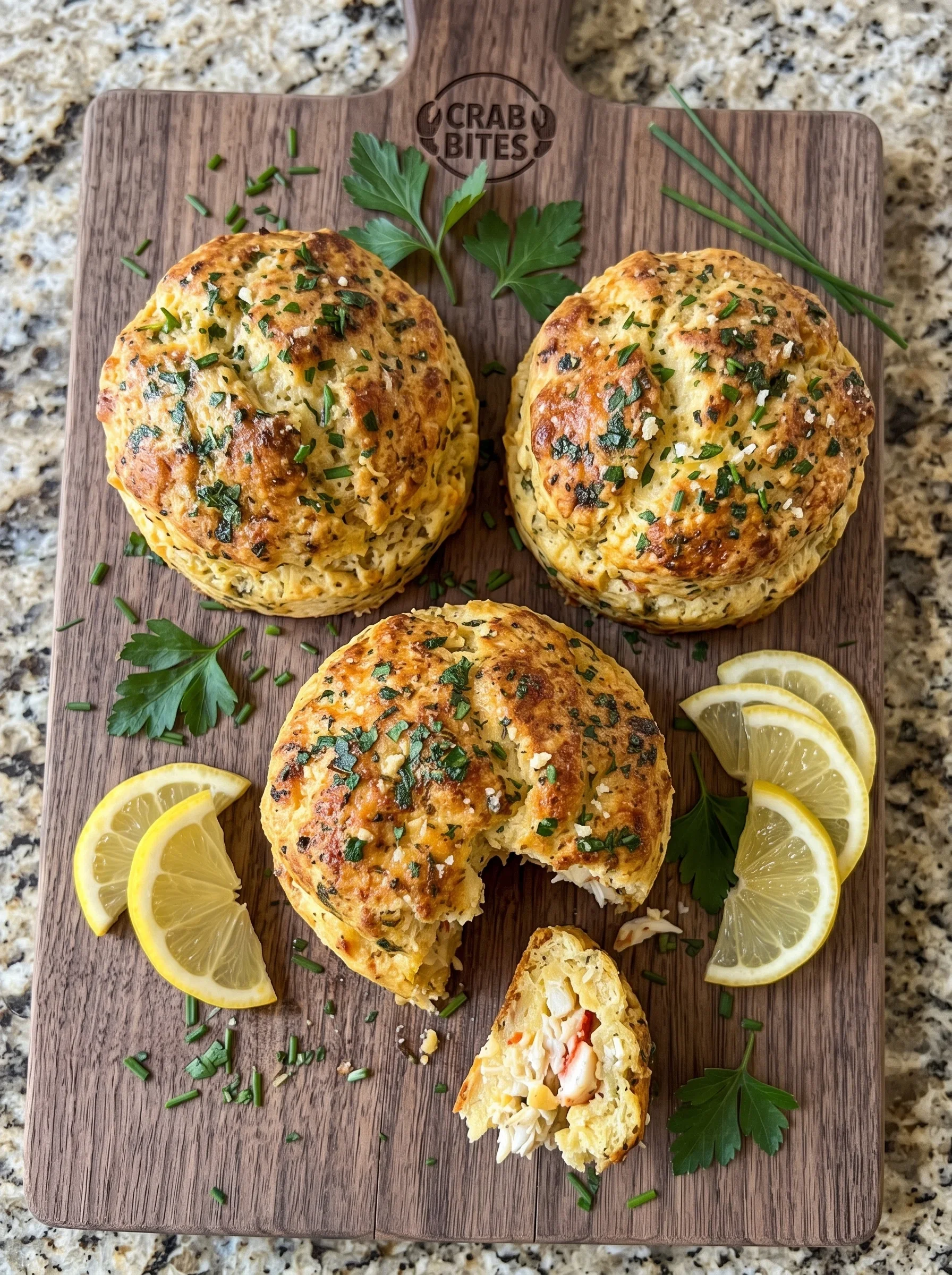 Citrus Butter Crab Stuffed Biscuits Golden crab stuffed biscuits topped with citrus butter and herbs on a wooden board.