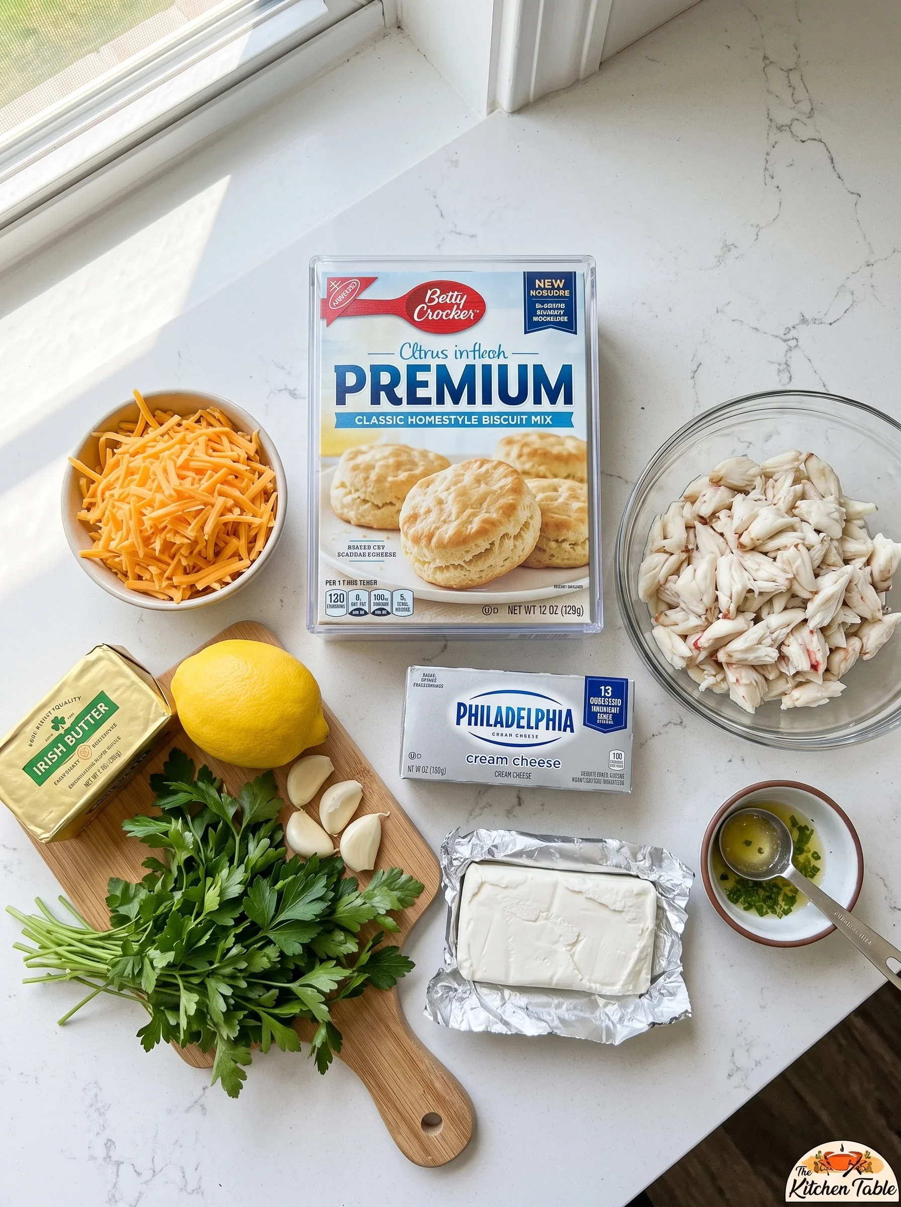 Crab Stuffed Biscuits with Citrus Butter Ingredients for crab stuffed biscuits on a white marble surface, including biscuit mix, crab, cheese, herbs, and lemon