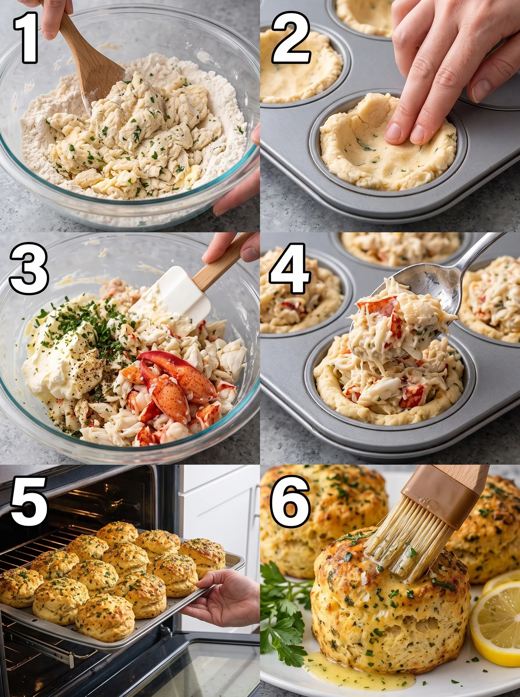 Crab Stuffed Biscuits with Citrus Butter Cheesy crab-filled biscuits topped with zesty garlic-lemon butter glaze, ready to serve.