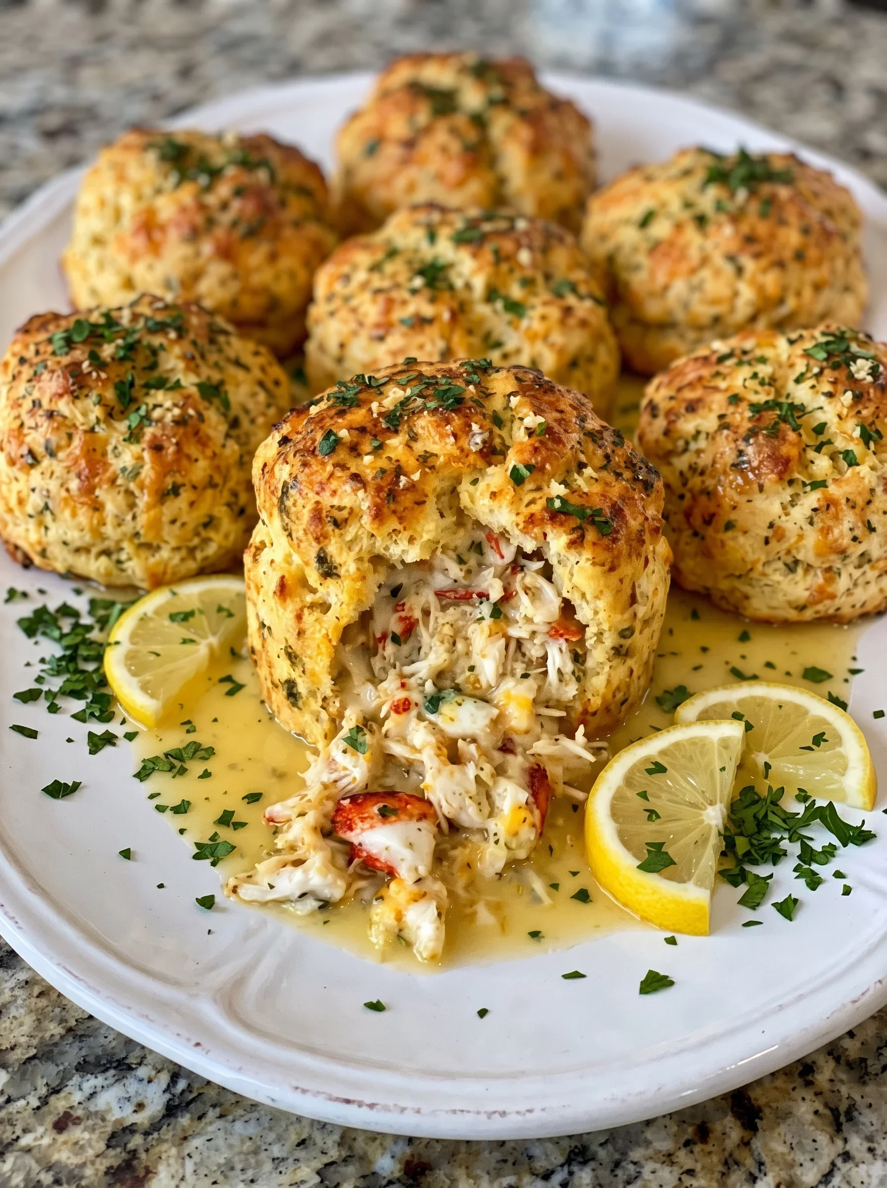 Citrus Crab Stuffed Biscuits Delicious cheesy crab-filled biscuits topped with citrus butter glaze on a white plate.